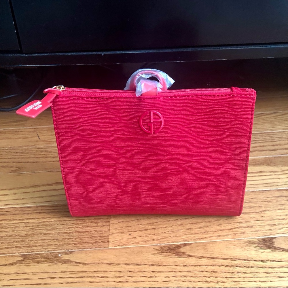 Giorgio Armani Engine Red Textured Recycled Plastic Zip Cosmetic Pouch NWT